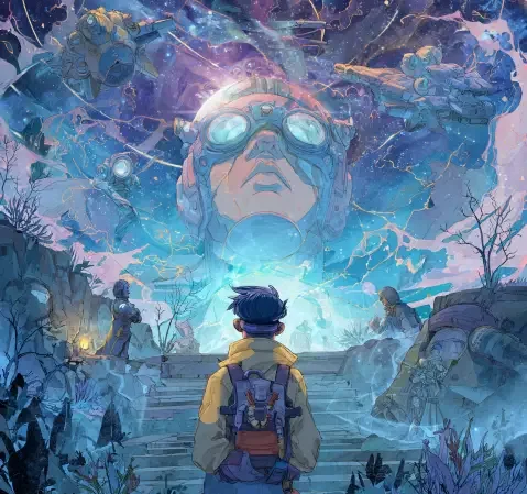 奇幻设定方向条目示意图，画面为浮空岛屿与魔法纹路的漫画场景
